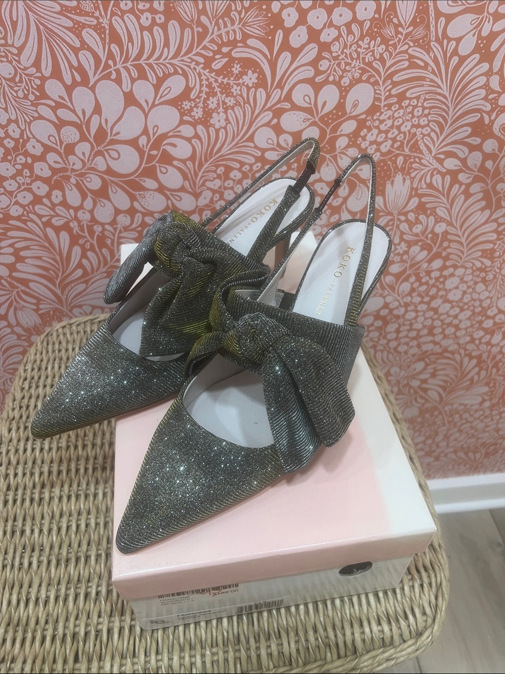 Sparkling Silver Multi Gold Shimmer Bow Slingback Heels - Women's Dress Shoes